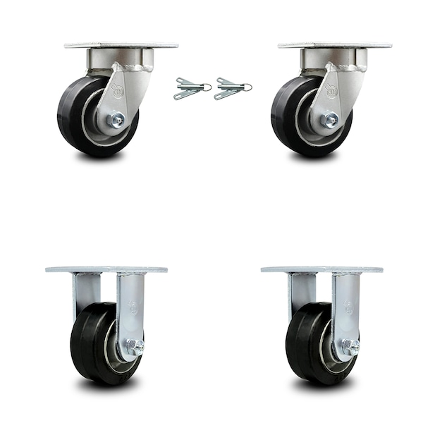 4 Inch Kingpinless Rubber on Aluminum Wheel Caster Swivel Locks 2 Rigid, 2PK